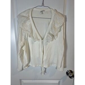 Cato Womens Cardigan‎ Eyelet Lace Ruffle Collar White XL